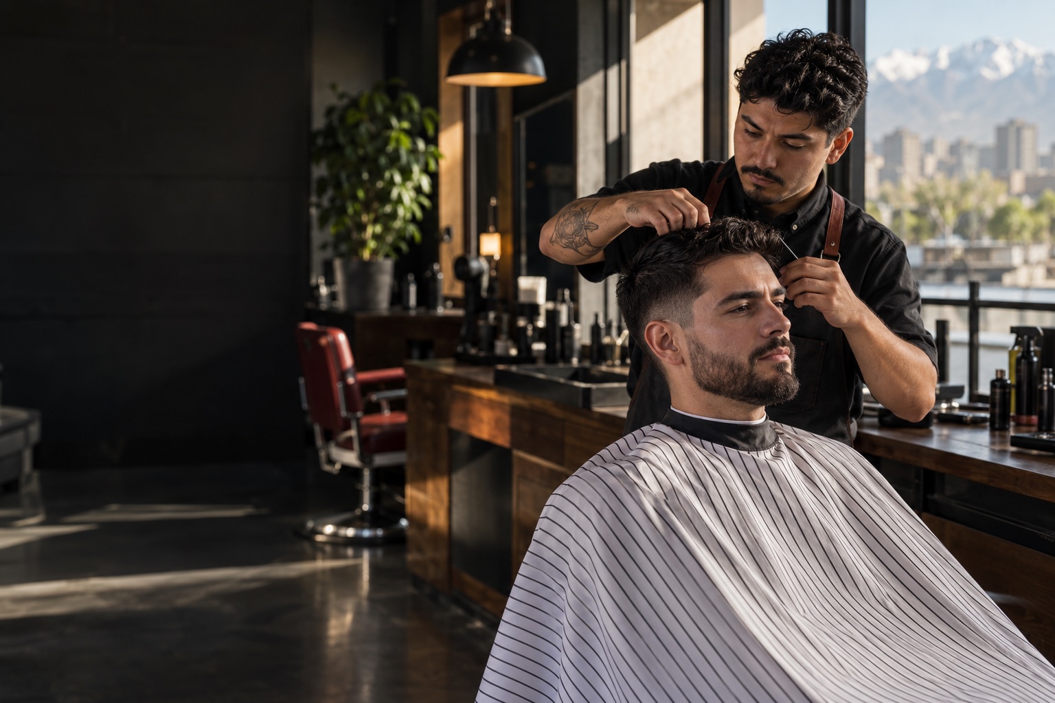 Barbero realizando un corte de cabello en una barbería de Ñuble